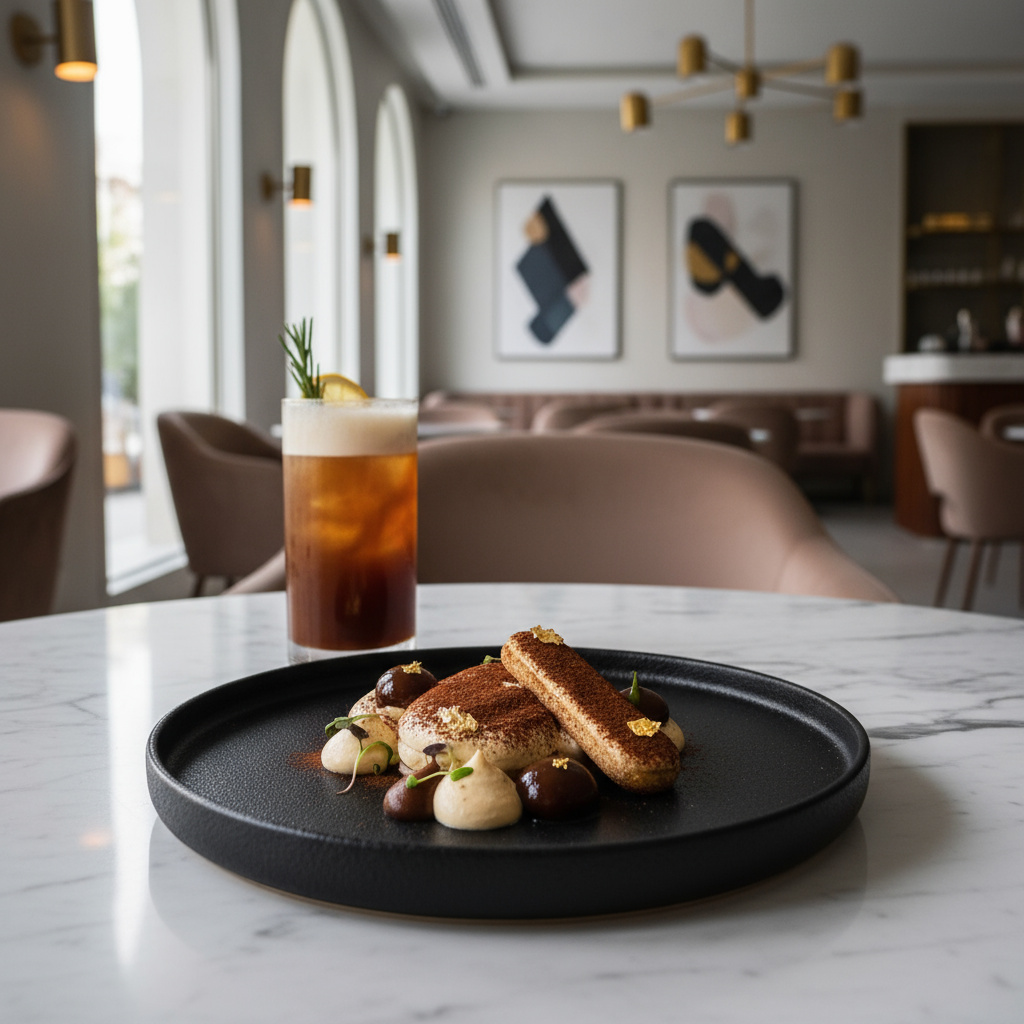 Artfully plated dessert with specialty coffee at Novuzy Atelier