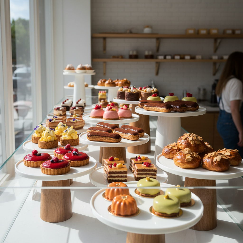 Artisan cakes and pastries displayed at Novuzy Atelier